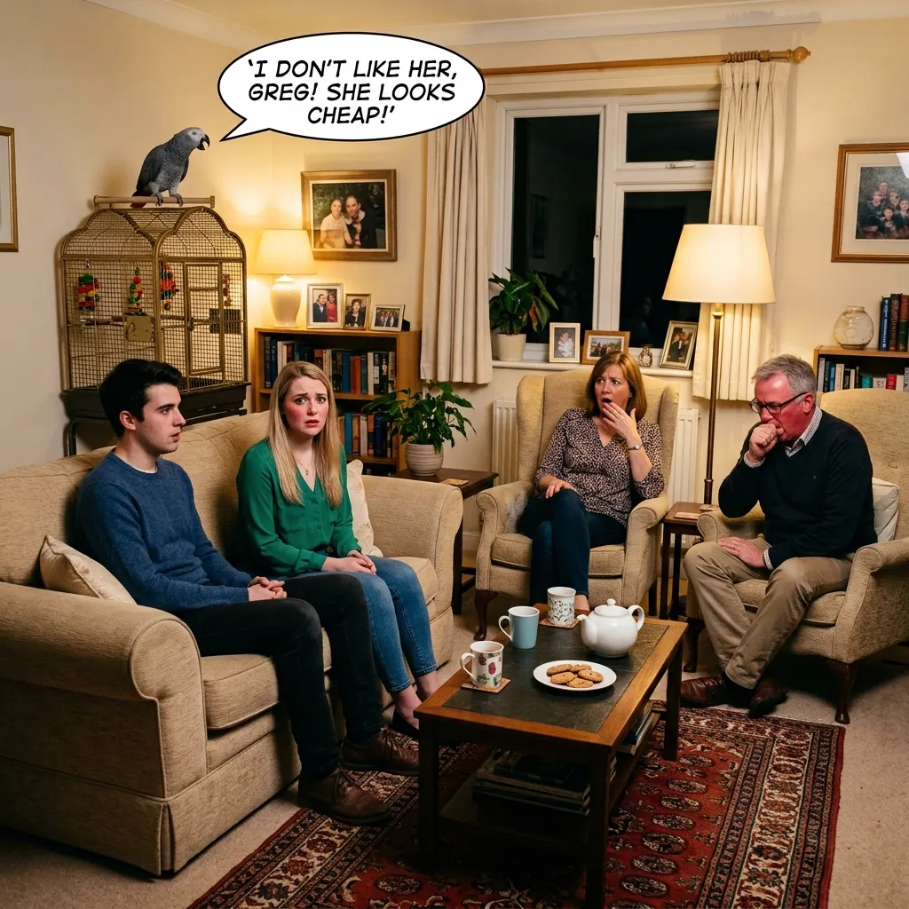 A grey parrot perched on a cage mimics a woman's voice to insult a young woman visiting her boyfriend's family in their living room.