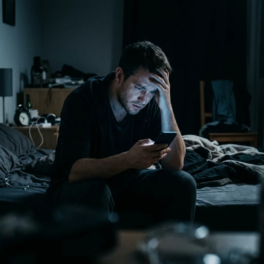 Distressed partner discovering shocking cheating spouse stories on a smartphone in a dark room.