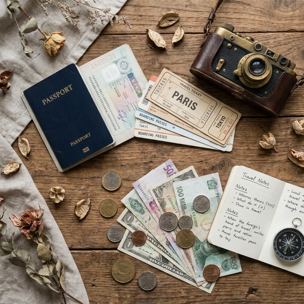 Aesthetic flat lay of a dark blue passport travel tickets vintage camera and local currency for experiencing global cultures