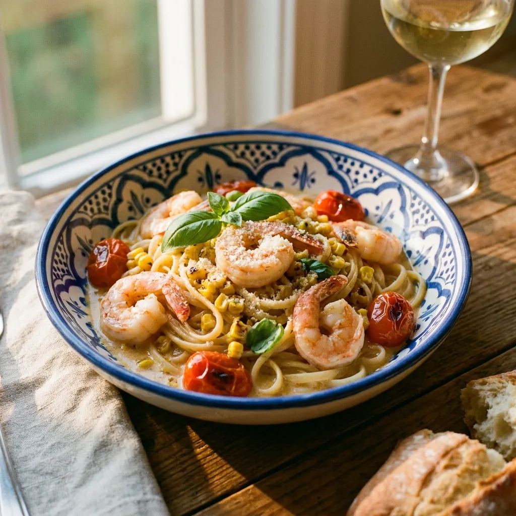 A beautifully patterned, shallow pasta bowl filled with creamy linguine, plump pink shrimp, bright yellow roasted corn kernels, and blistered red cherry tomatoes. Fresh basil is sprinkled on top. Warm, inviting lighting emphasizing the rich, creamy sauce.