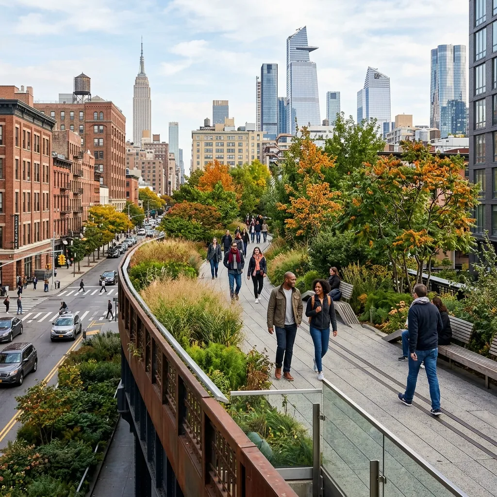 Pedestrians walking along the landscaped path of the High Line elevated park in Manhattan.
