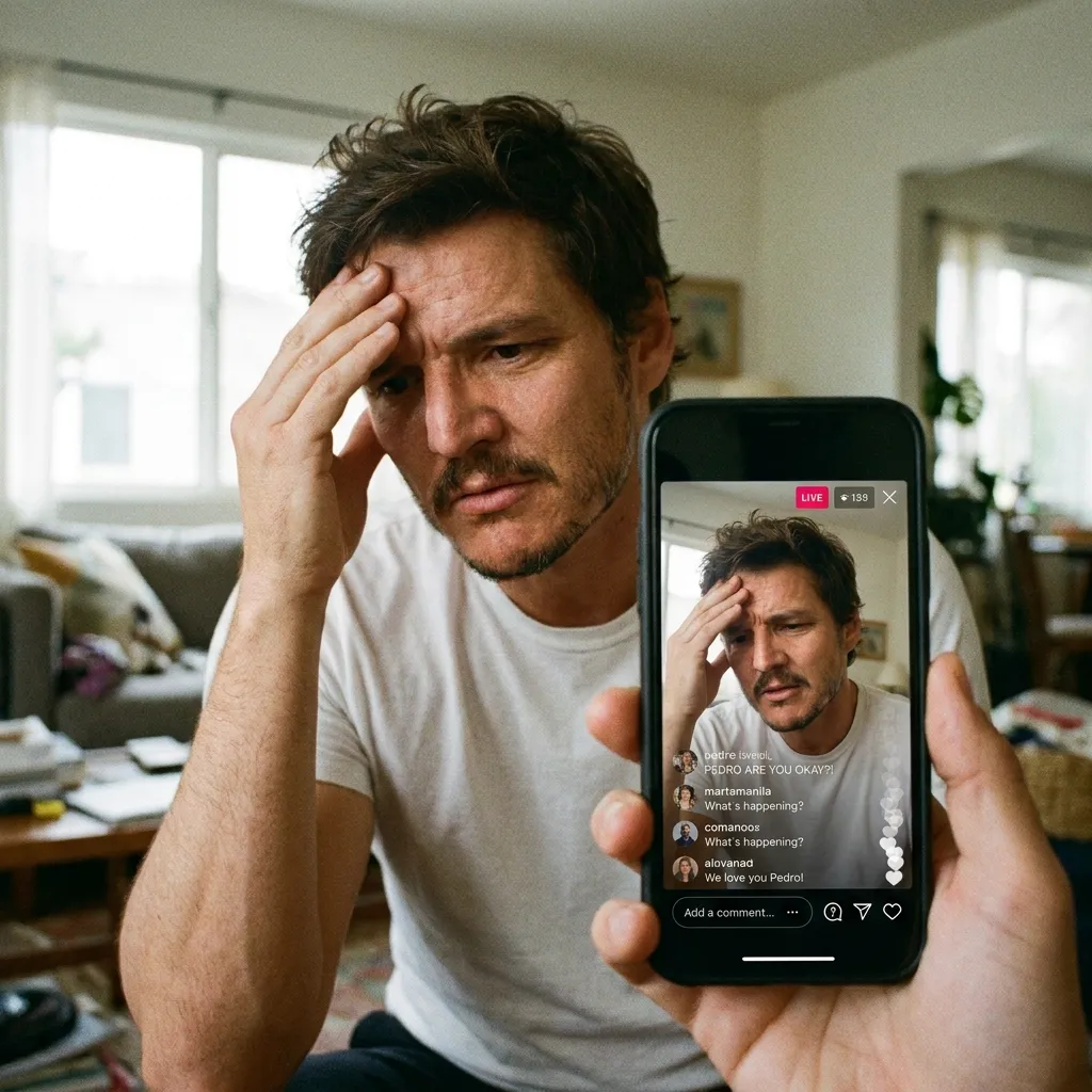 Pedro Pascal looking visibly stressed with his hand on his forehead while simultaneously broadcasting an Instagram Live video stream on a smartphone