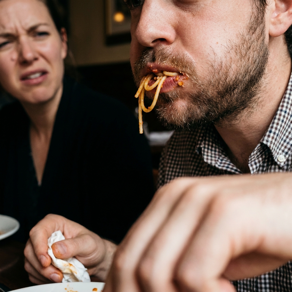 A close-up, food-focused photograph of a date with their mouth full of food, actively chewing, illustrating the visceral reaction to poor table manners.