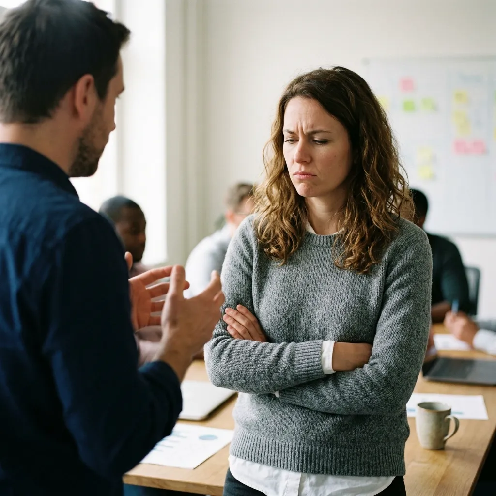 A person displaying defensive body language by crossing their arms during an argument or feedback session.