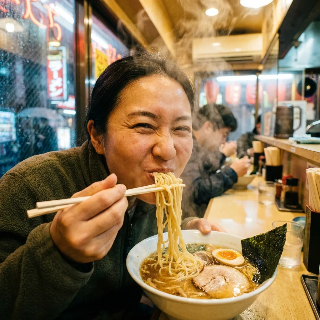 A close-up, appetizing, highly detailed shot of a person happily eating a steaming bowl of ramen with wooden chopsticks in a cozy, neon-lit Tokyo ramen shop, focusing on the noodles and the rising steam.