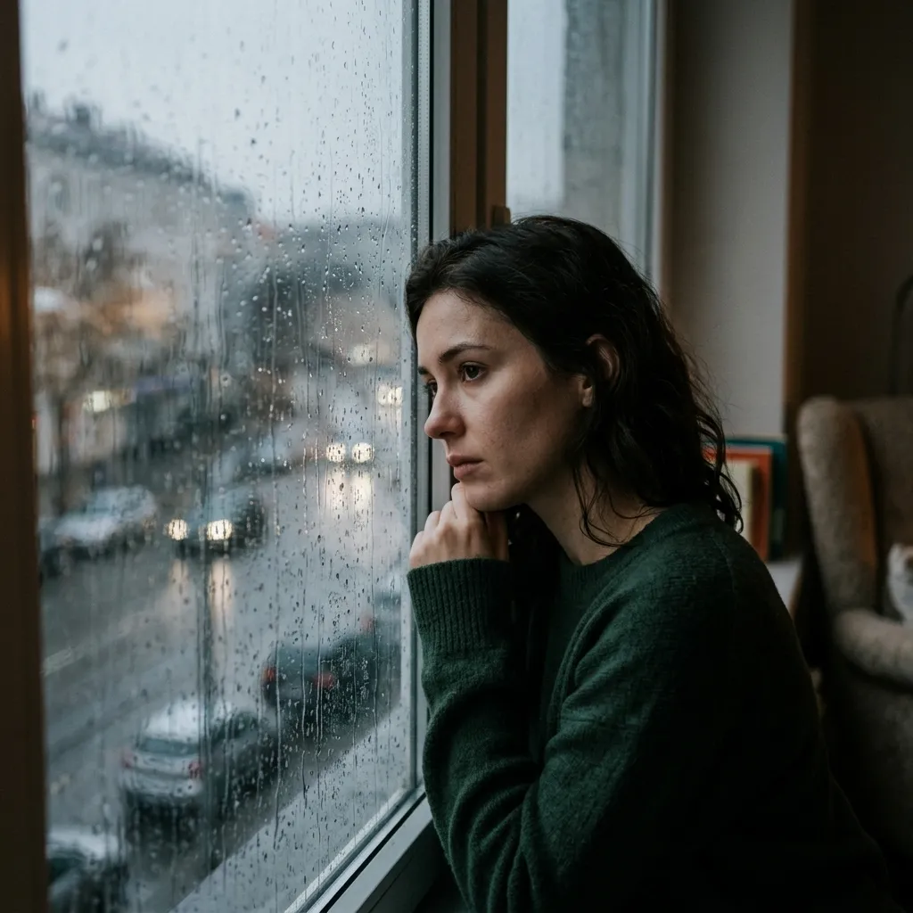 A moody photograph of a woman looking out a rainy window, symbolizing the emotional reflection common in real forbidden relationship stories