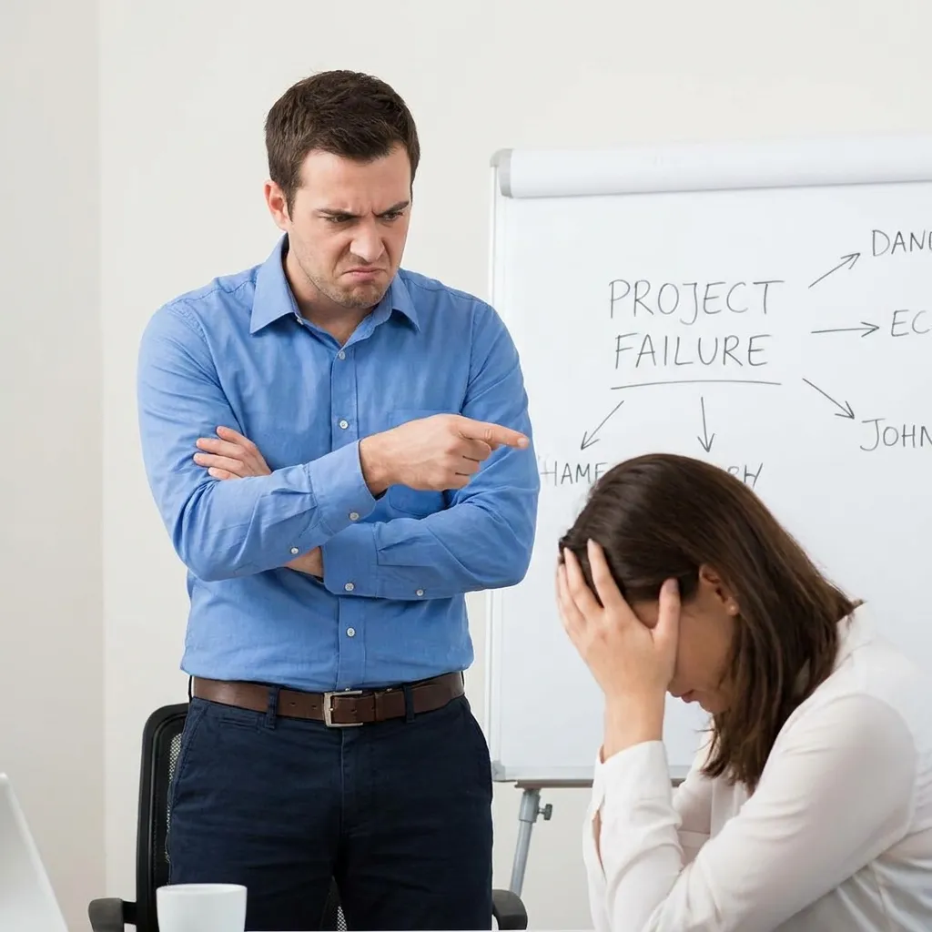Angry male manager pointing and shifting blame to a stressed female employee covering her face in front of a whiteboard reading project failure.