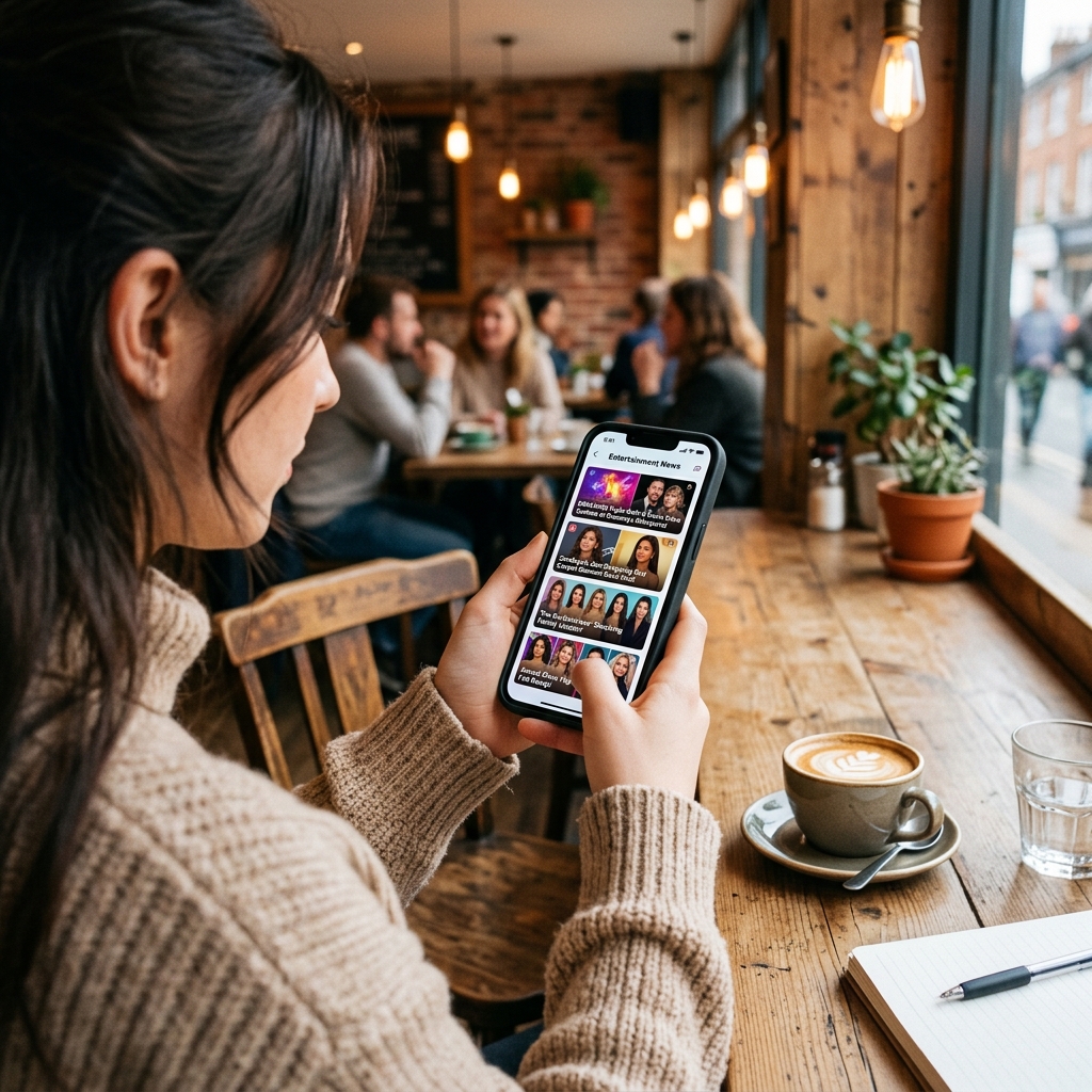 An over-the-shoulder shot of a person scrolling through viral entertainment news and celebrity gossip on their smartphone while sitting in a cozy cafe
