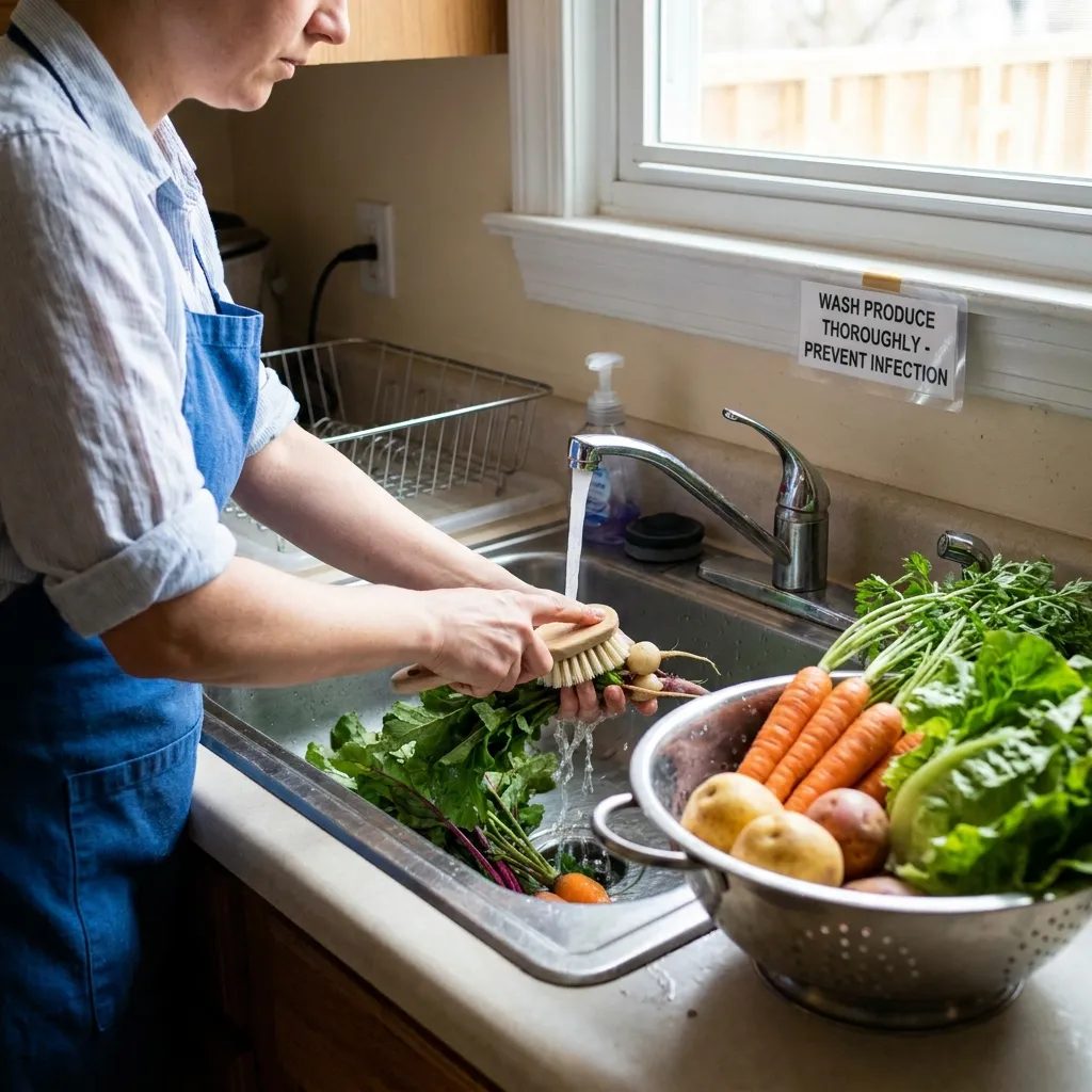 A person standing at a kitchen sink thoroughly scrubbing fresh vegetables under running water to prevent infection from the explosive diarrhea parasite.