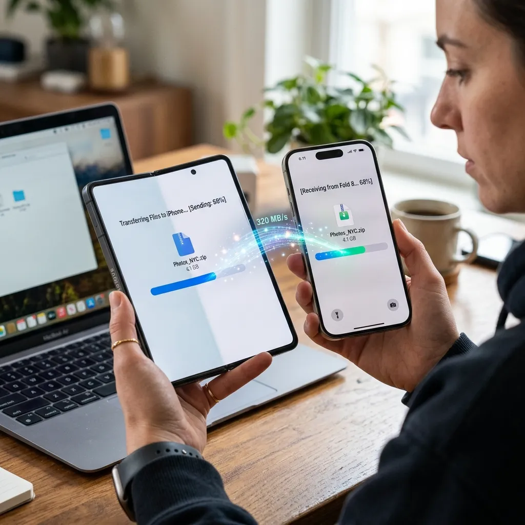 Side-by-side comparison of a Samsung Galaxy Z Fold 8 and an iPhone transferring a high-resolution photo wirelessly.