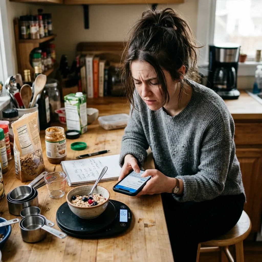 Person tracking calories on smartphone app with food scale feeling overwhelmed by strict dietary restrictions.