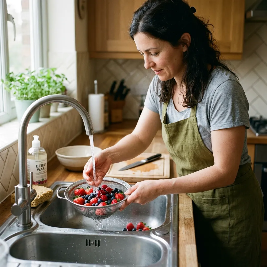 A person washing fresh berries under running water in a kitchen sink to practice food safety