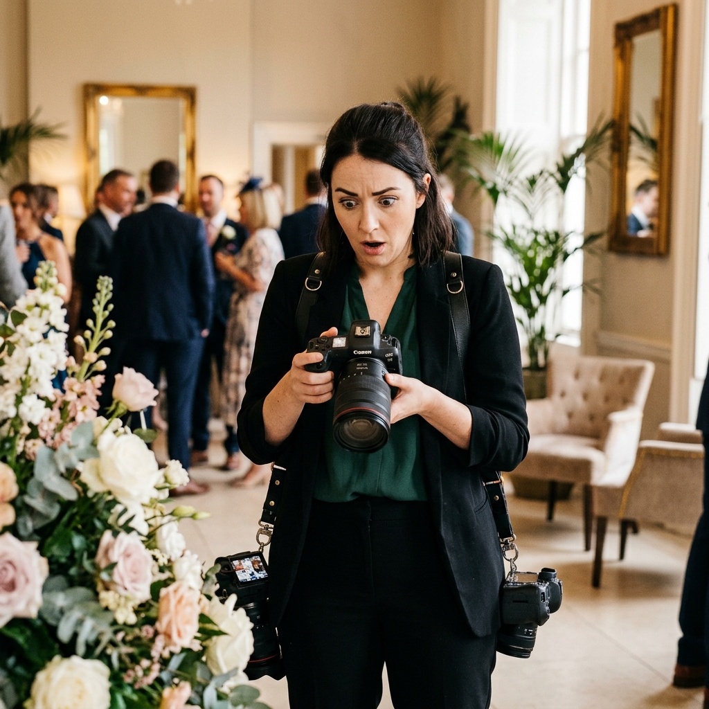 A female wedding photographer discreetly looking at the LCD screen of her professional camera with a shocked expression, after catching a groom cheating before the wedding