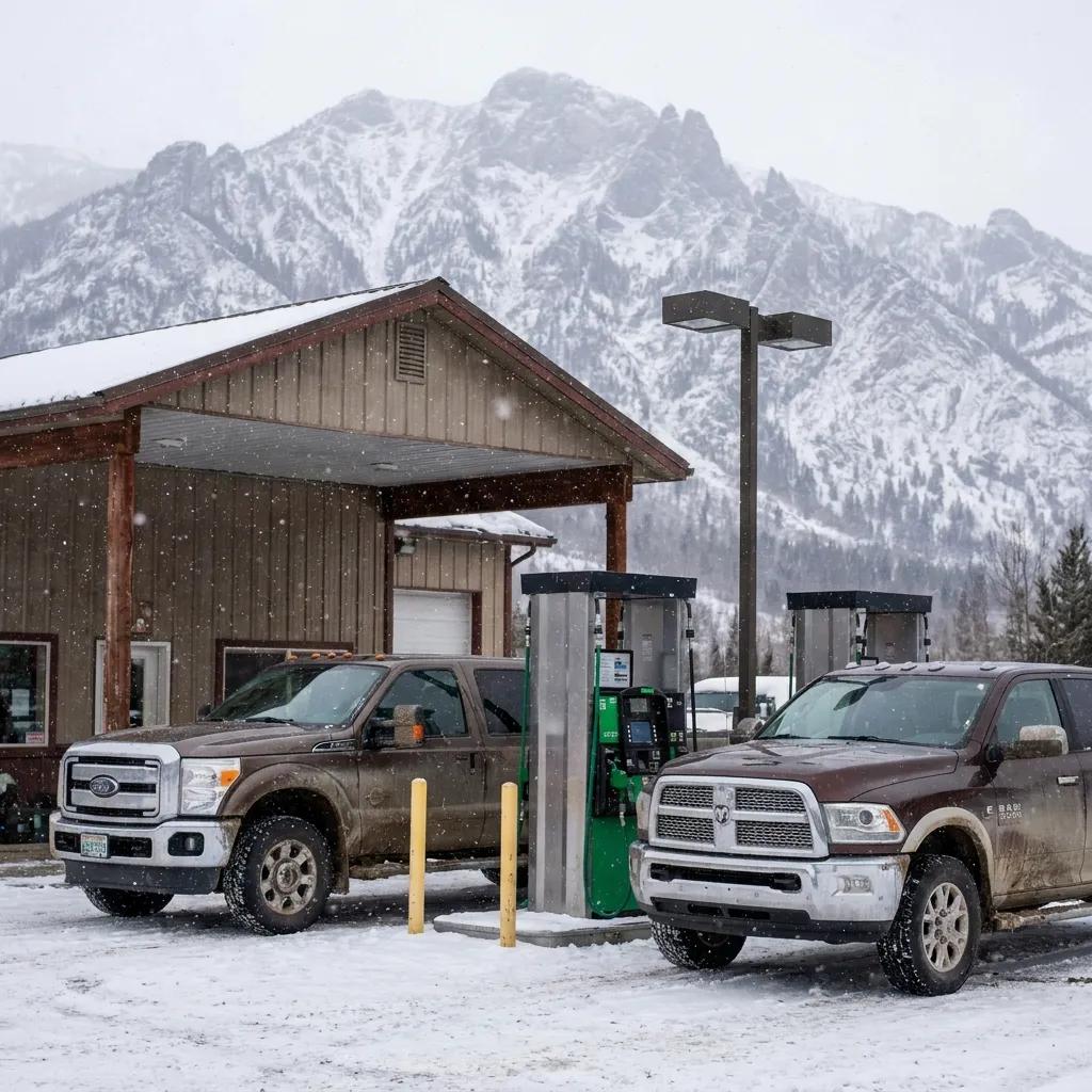 Several large pickup trucks parked at a snowy gas station with diesel pumps against a mountainous background