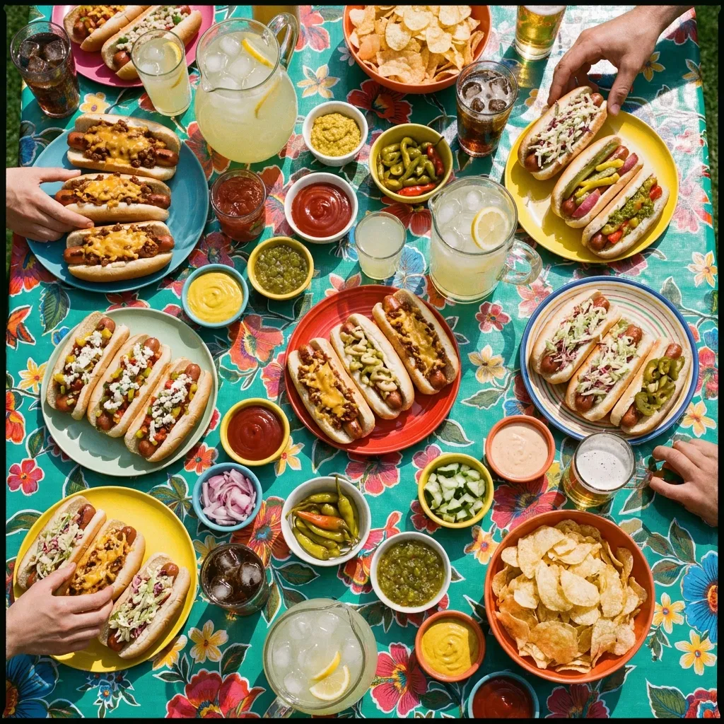 A festive summer picnic table spread featuring the top rated hot dogs from our ultimate ranking.