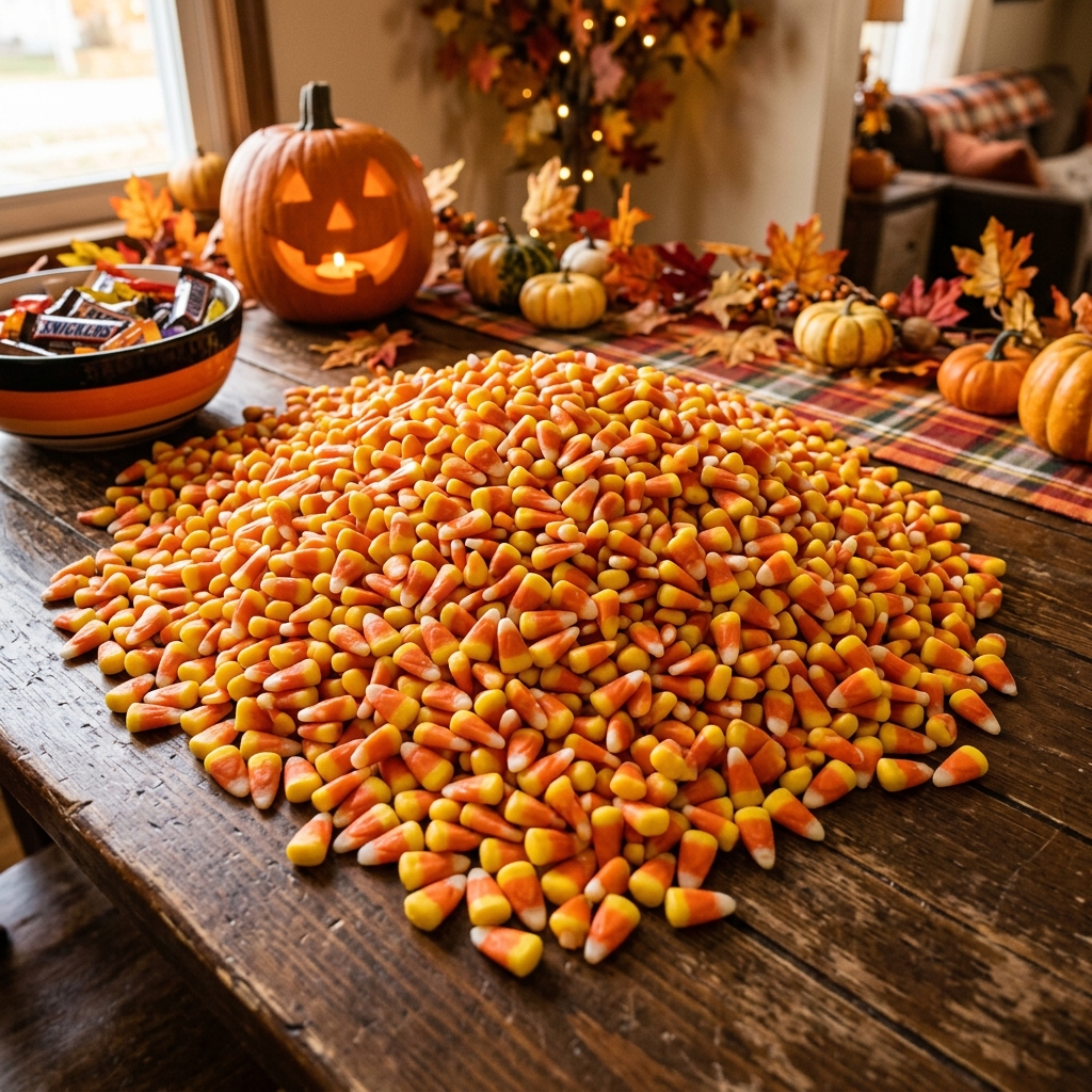 A close-up shot of a massive pile of festive orange, yellow, and white candy corn.