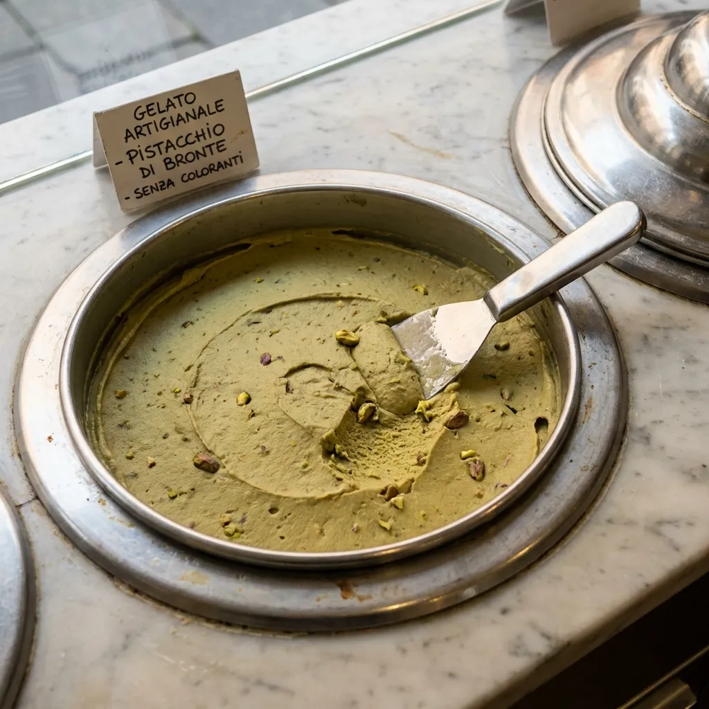 Close-up of authentic, flat pistachio gelato in a traditional metal pozzetti container in Bologna, showing how to spot real gelato among things to know before traveling to Italy.