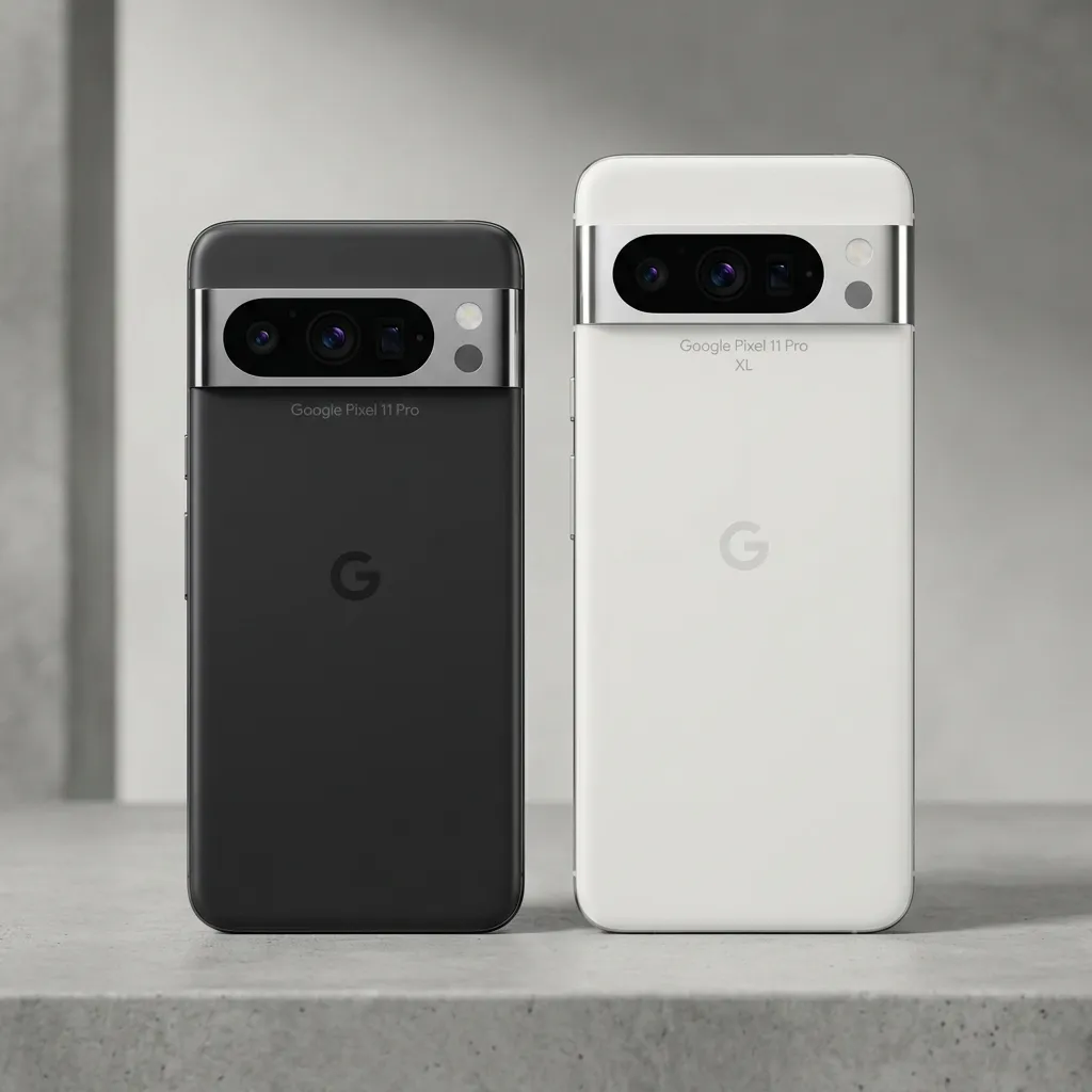 Side-by-side comparison of the Google Pixel 11 Pro and Google Pixel 11 Pro XL showing the updated camera bar design.
