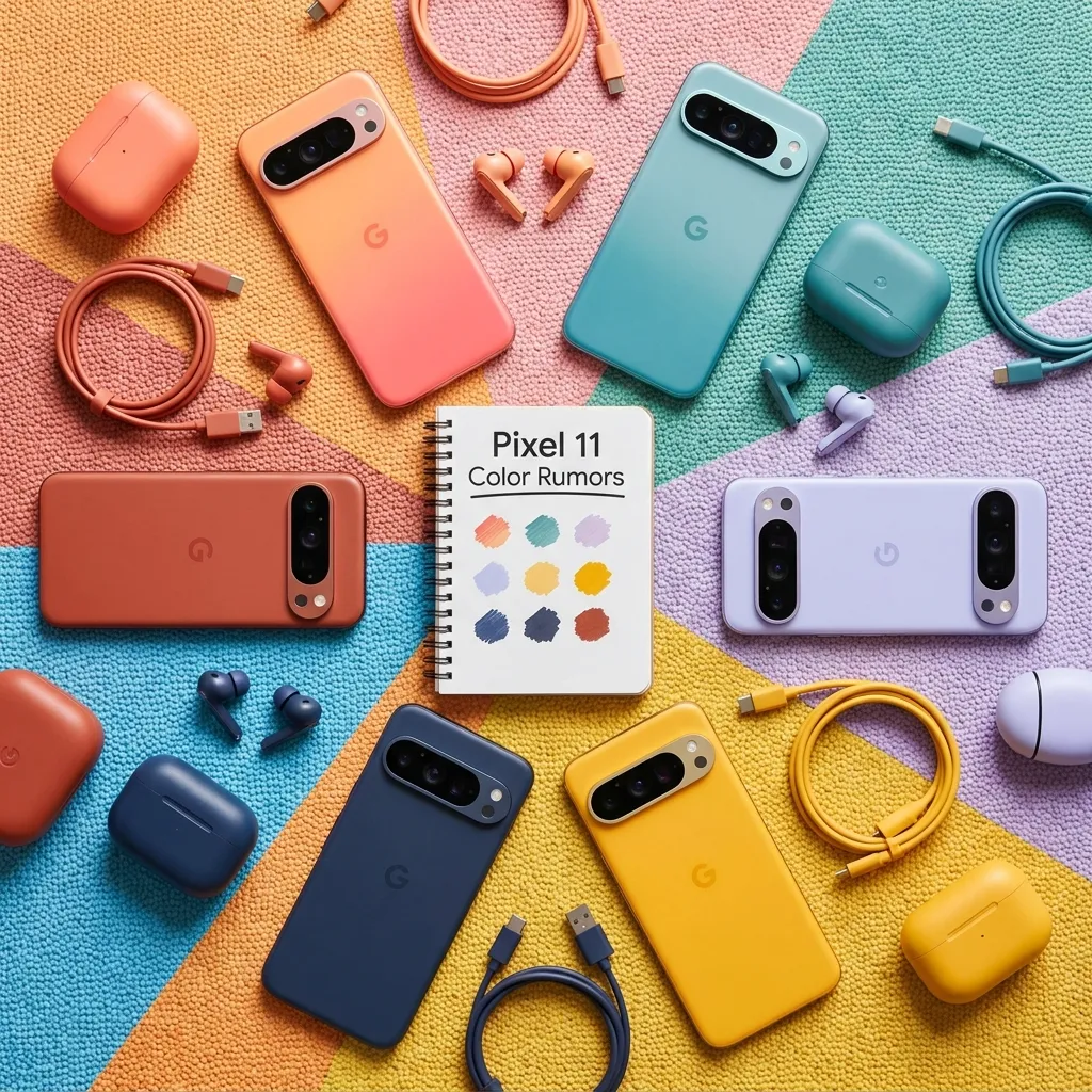 A colorful flat-lay image displaying the new rumored color options for the Google Pixel 11 series.