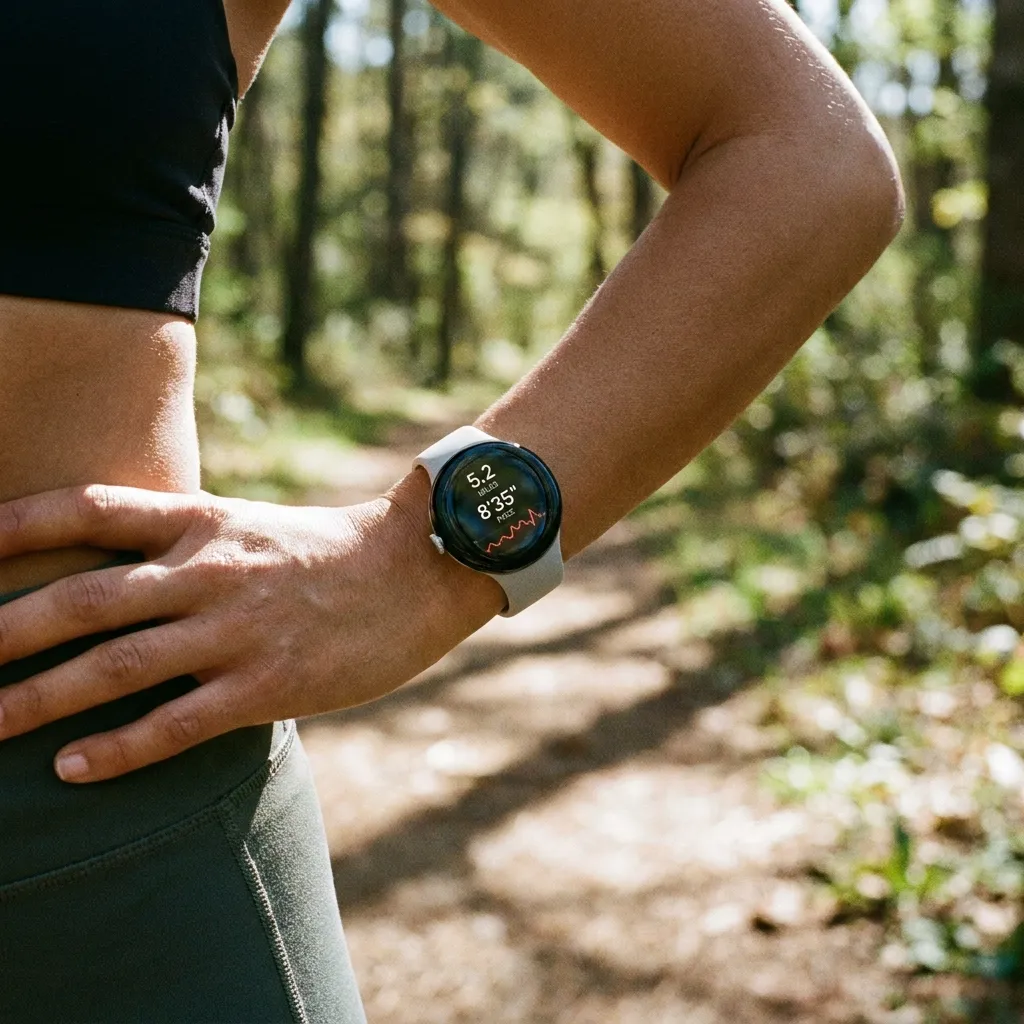 A user wearing the upcoming Google Pixel Watch 5, highlighting its ultra-thin bezels and bright OLED display during a workout.