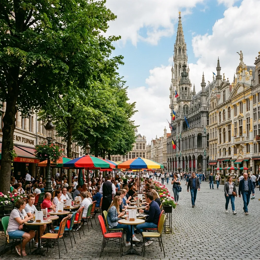 Tree-lined European plaza in Brussels with cafe seating, vibrant umbrellas, and historic architecture