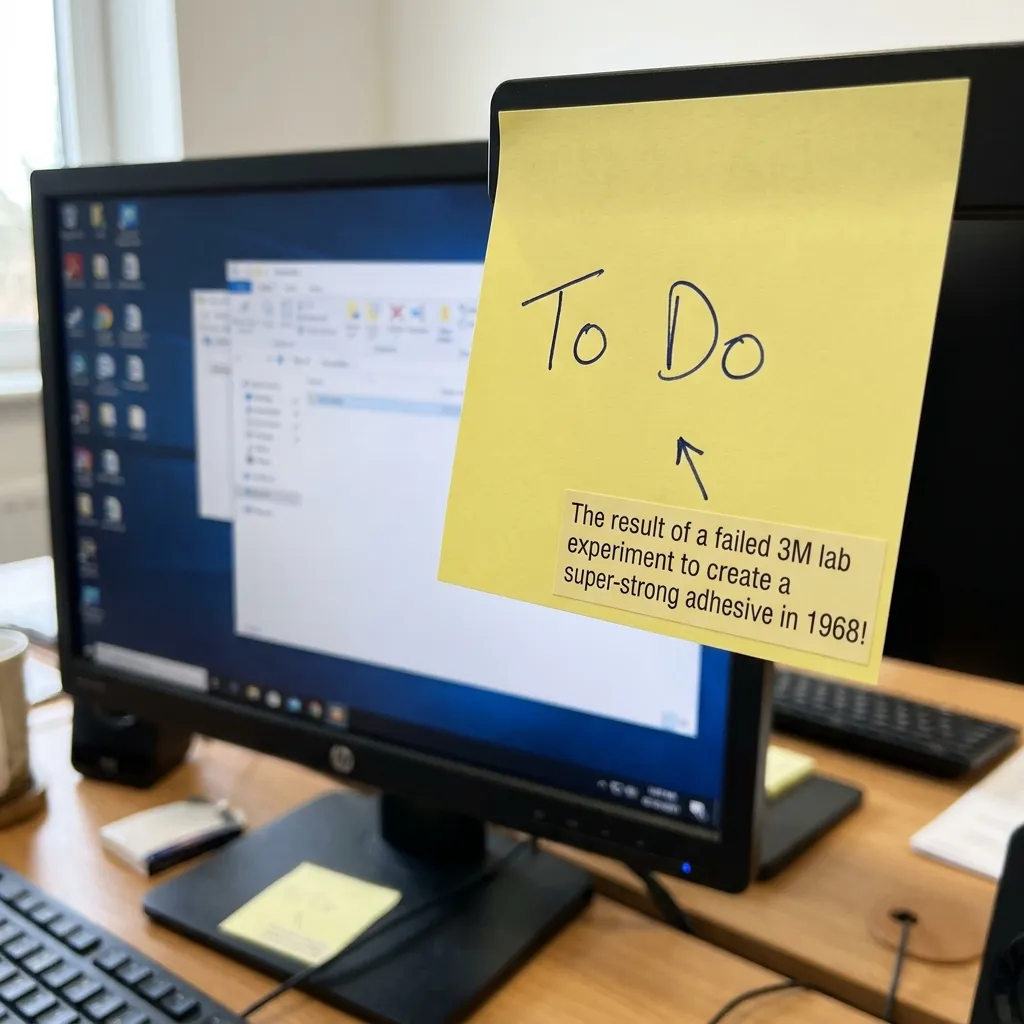 A bright yellow Post-it note stuck to a computer monitor with "To Do" written on it, highlighting its surprising origin as a failed adhesive.