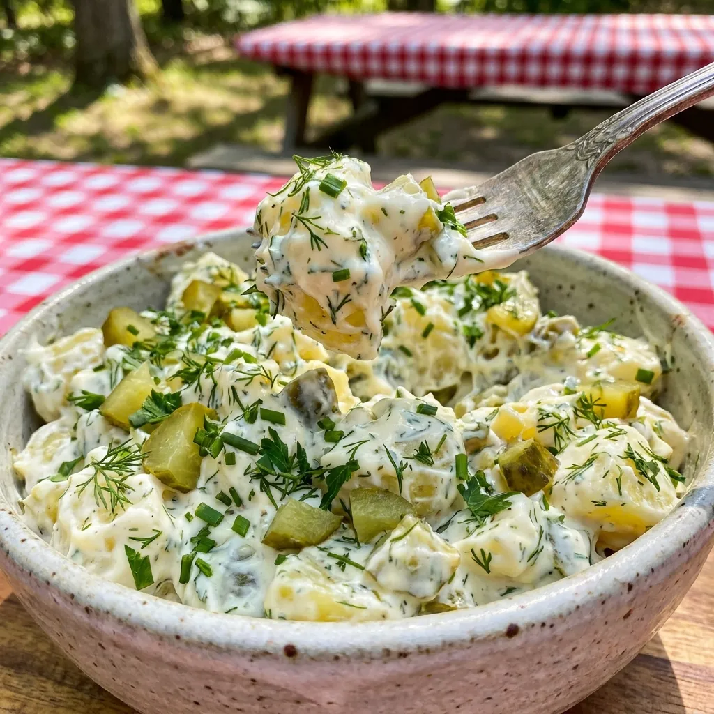 Close-up shot of a creamy, herbaceous potato salad in a rustic ceramic bowl. The salad is loaded with chopped dill pickles, fresh green herbs, and a rich dressing. A silver fork is resting in the bowl, lifting a bite. Summer picnic setting with a checkered tablecloth in the background.