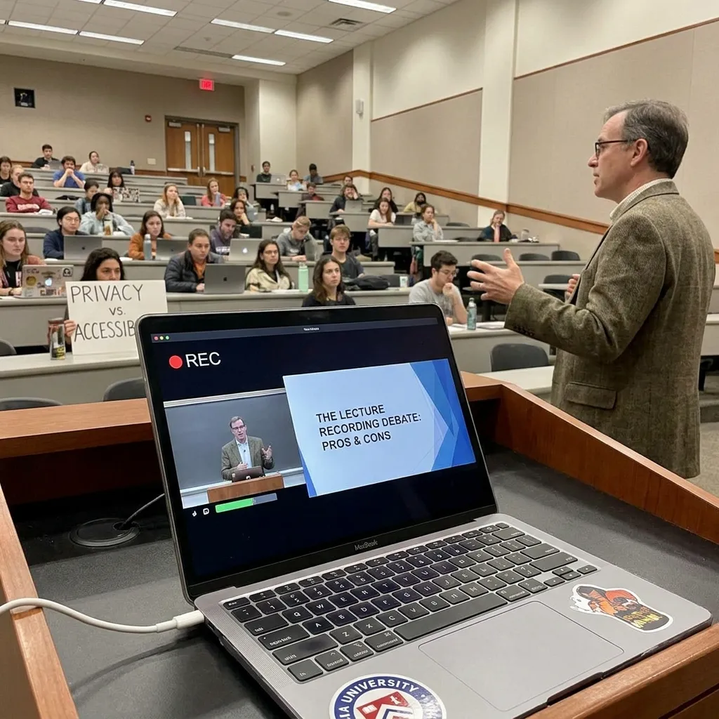 Professor's laptop recording a college lecture, highlighting the debate over recording lectures in higher education.