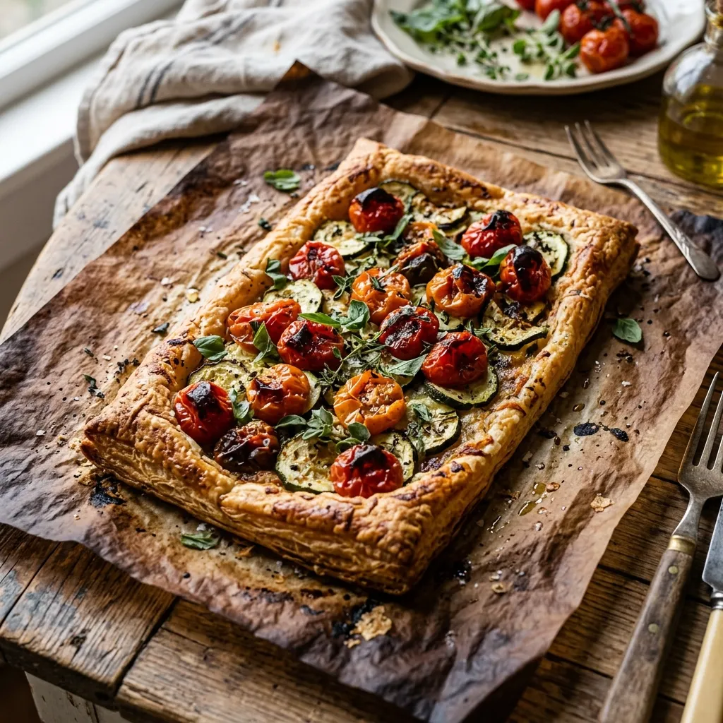 Freshly baked, golden-brown puff pastry tart topped with deeply roasted cherry tomatoes and sliced zucchini on crinkled parchment paper.
