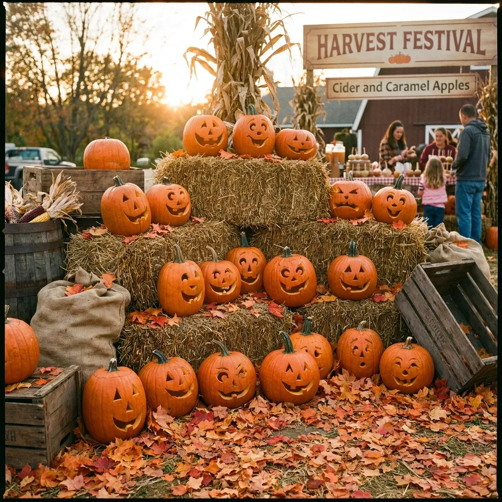 A group of carved smiling pumpkins sitting on hay bales surrounded by orange autumn leaves, highlighting purely American traditions of fall festivals