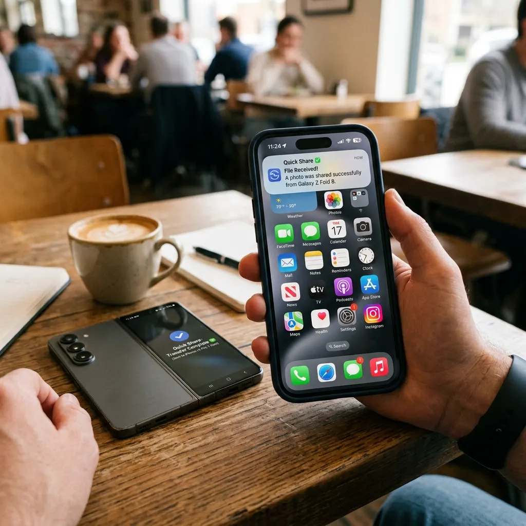 A successful Quick Share file transfer notification popping up on an iPhone screen sent from a nearby Galaxy Z Fold 8.