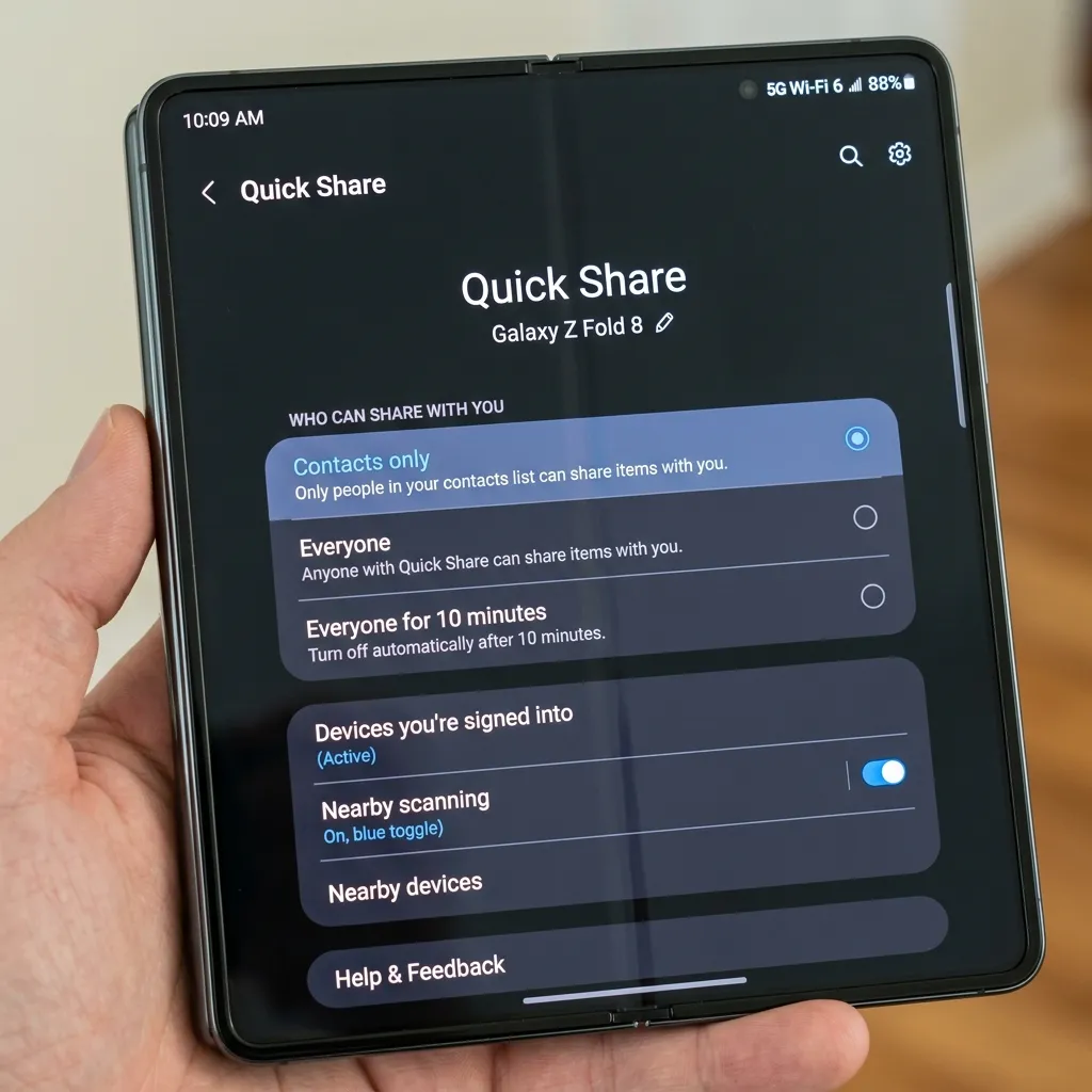 Screenshot of the Quick Share settings on Galaxy Z Fold 8 with the 'Everyone for 10 minutes' option highlighted
