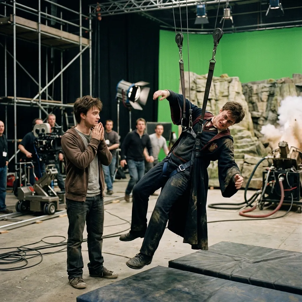 Behind-the-scenes photo of Daniel Radcliffe on a film set watching his stunt double, who is suspended mid-air by a wire rig in front of a green screen.