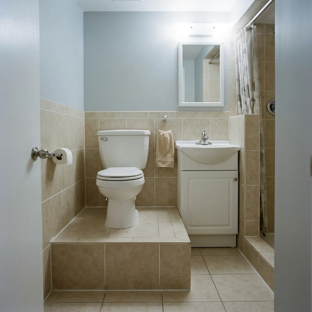 A raised toilet sitting awkwardly on a high tiled step in a poorly planned bathroom