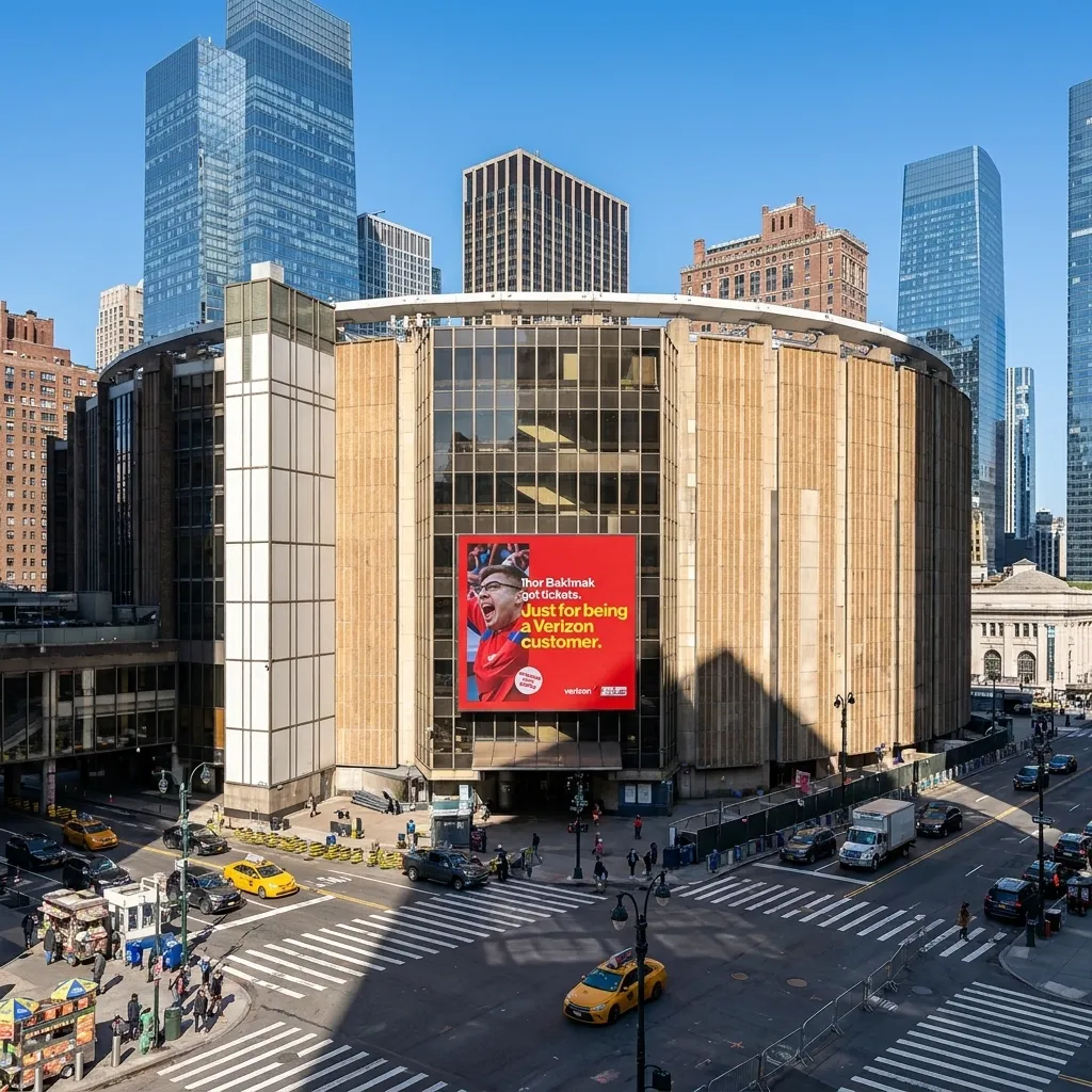 Exterior daytime view of the Madison Square Garden arena in New York City, featuring a prominent red Verizon billboard advertisement on its facade. The surrounding Manhattan street scene includes pedestrian crosswalks, traffic with yellow taxis, and towering glass skyscrapers against a clear blue sky.