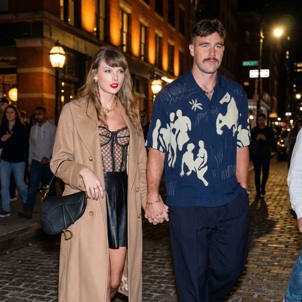 Taylor Swift and Travis Kelce holding hands and smiling on the red carpet at The Swift-Kelce Inaugural Gala. Taylor Swift wears a beige floral embroidered gown with 'TS & TK Foundation' text, and Travis Kelce wears a black suit, standing in front of a step-and-repeat banner while photographers take their picture.