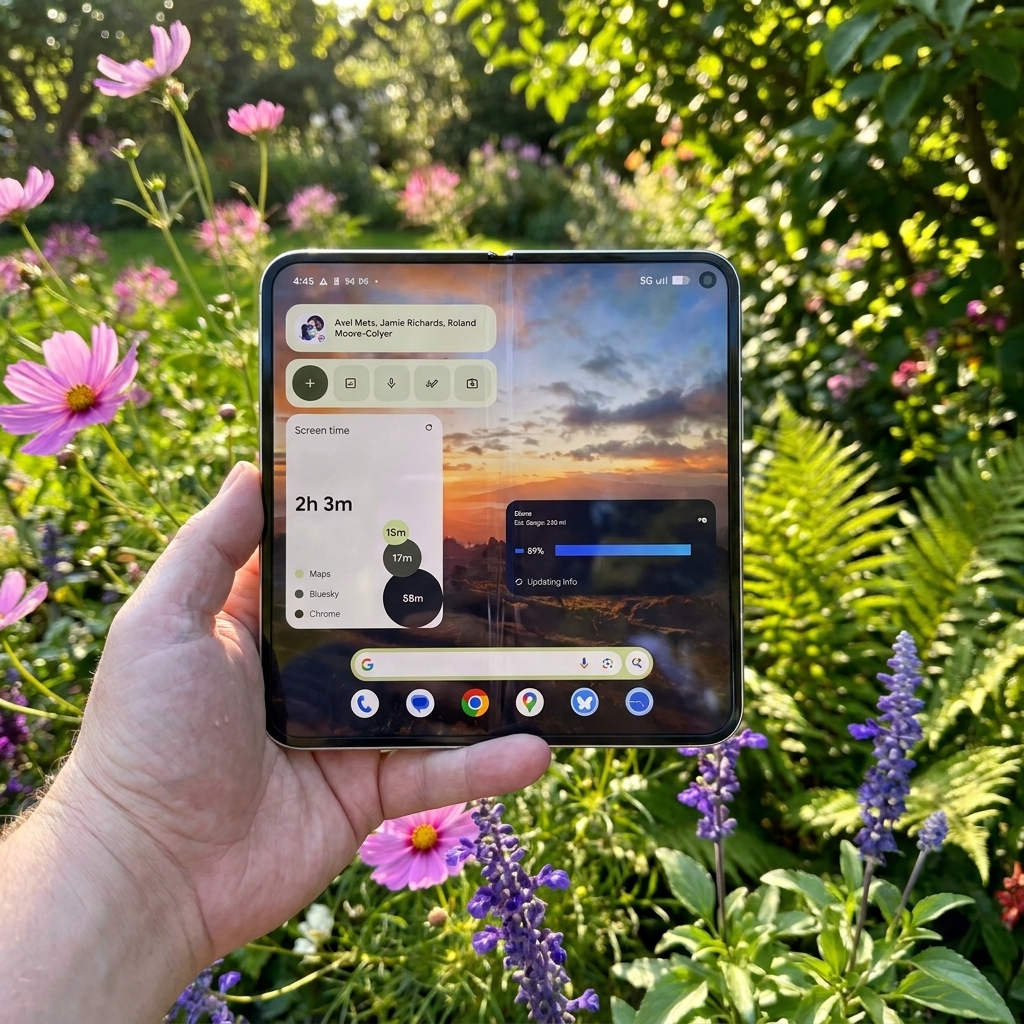 The Google Pixel 11 Pro Fold displayed in tent mode on a desk, highlighting its multitasking capabilities.