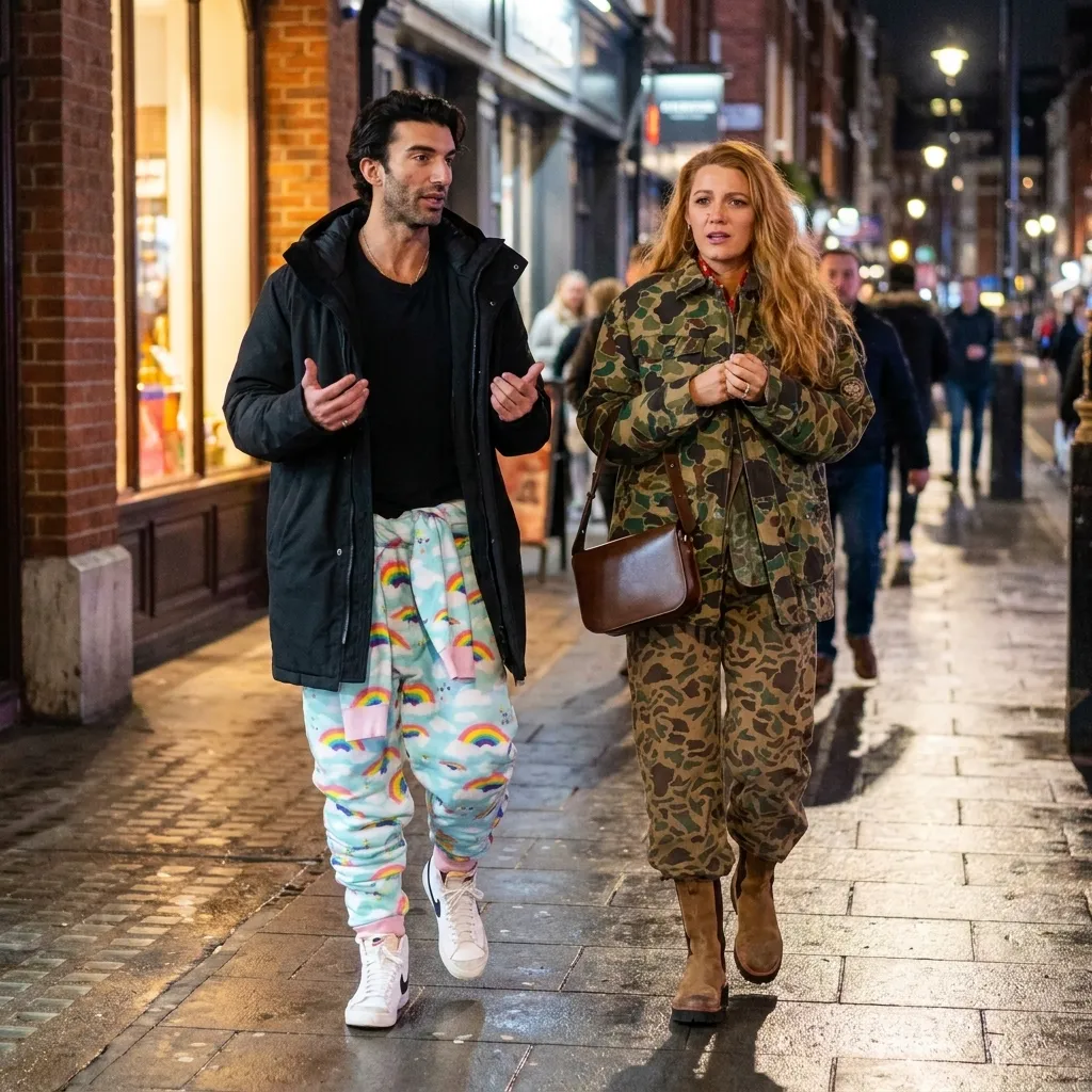 Blake Lively wearing a full camouflage outfit and brown boots walking next to Justin Baldoni in rainbow sweatpants on a city street at night.