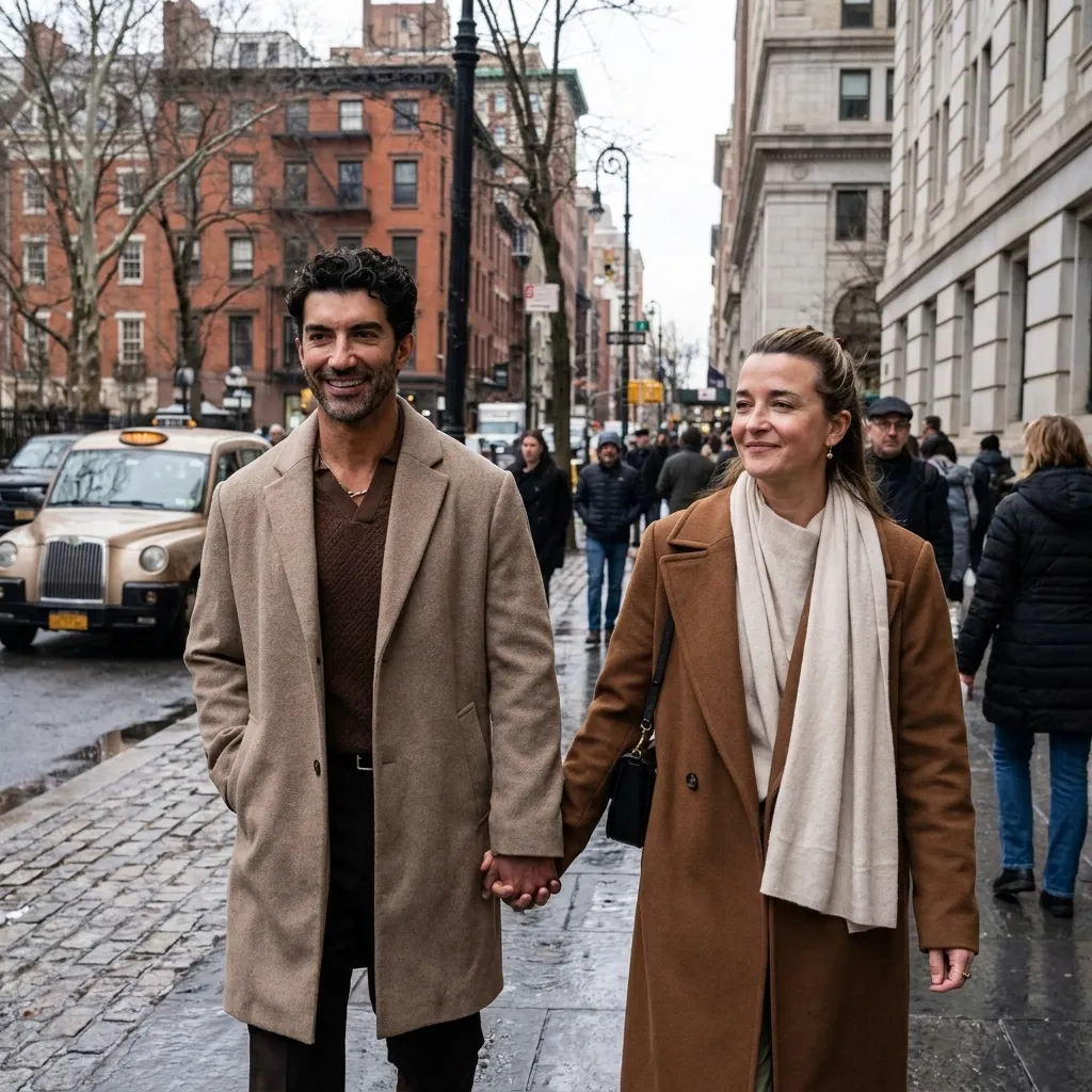 Justin Baldoni and a female co-star holding hands and smiling while walking down a busy city street wearing matching camel winter coats.