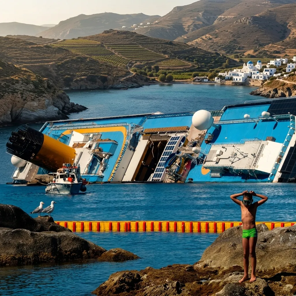 "A capsized blue and yellow cruise ship lying on its side in a bay, with a young boy in swim trunks standing on rocky shores in the foreground and a Greek-style coastal village in the background."