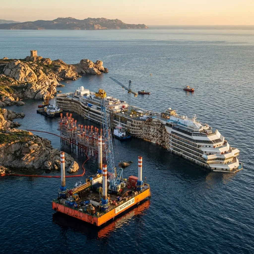 "Aerial view of a marine salvage operation on a damaged cruise ship next to a rocky coast, featuring a large orange Micoperi crane barge in the foreground."