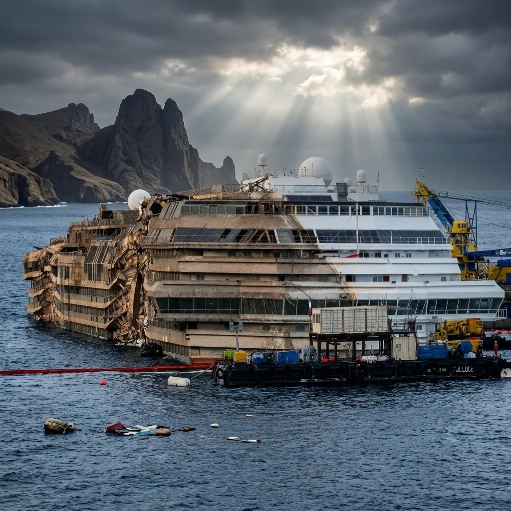 "A partially damaged cruise ship sits upright in the water near a mountainous coast under dramatic sun rays piercing through dark storm clouds."