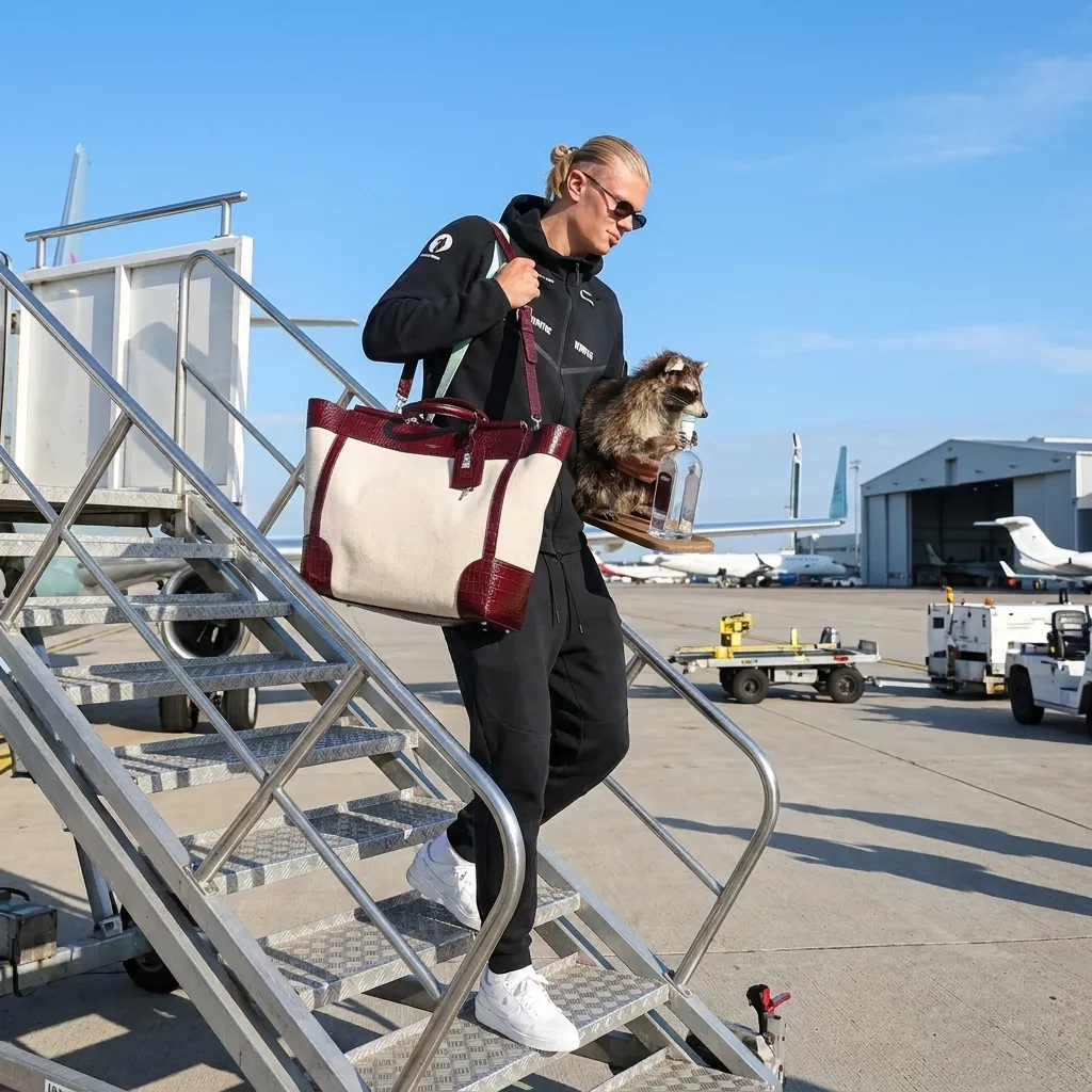 Erling Haaland arriving at the airport in Oslo holding his unique taxidermy raccoon souvenir from the 2026 World Cup