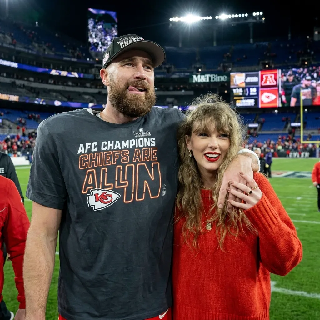 Taylor Swift and Travis Kelce celebrating on the football field after the Chiefs won the AFC Championship.