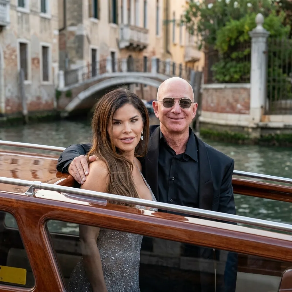 Lauren Sanchez and Jeff Bezos smiling together while riding a wooden water taxi through the canals of Venice.