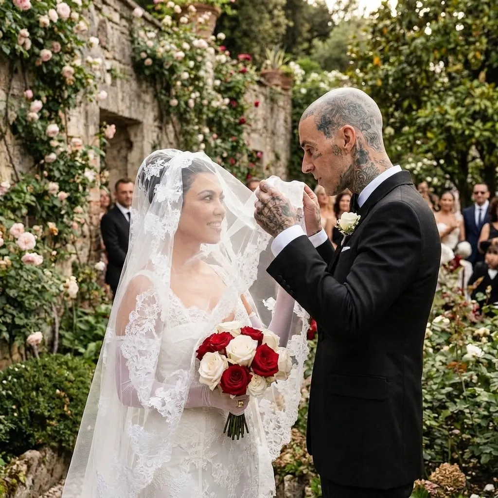 Travis Barker lifting Kourtney Kardashian's lace veil during their romantic outdoor wedding ceremony.