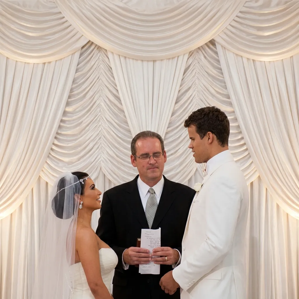 Kim Kardashian and Kris Humphries standing at the altar with an officiant during their white-themed wedding ceremony.