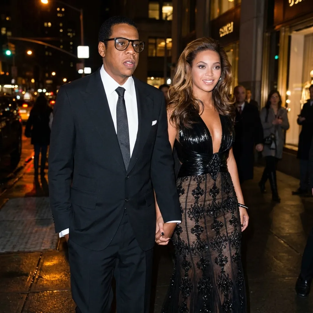 Jay-Z and Beyoncé holding hands in formal evening wear while walking down a city street at night.