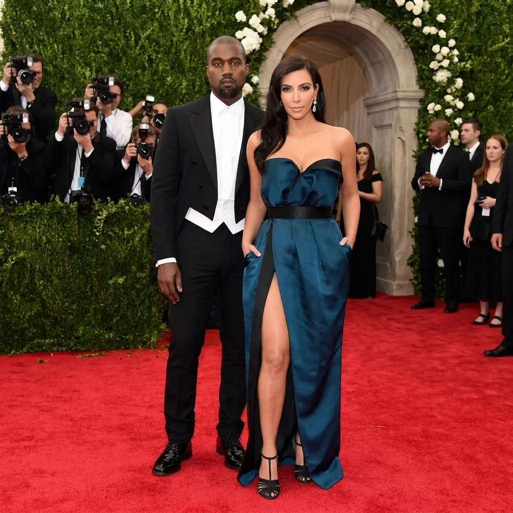 Kanye West and Kim Kardashian on a red carpet, with Kim in a striking blue and black strapless dress.