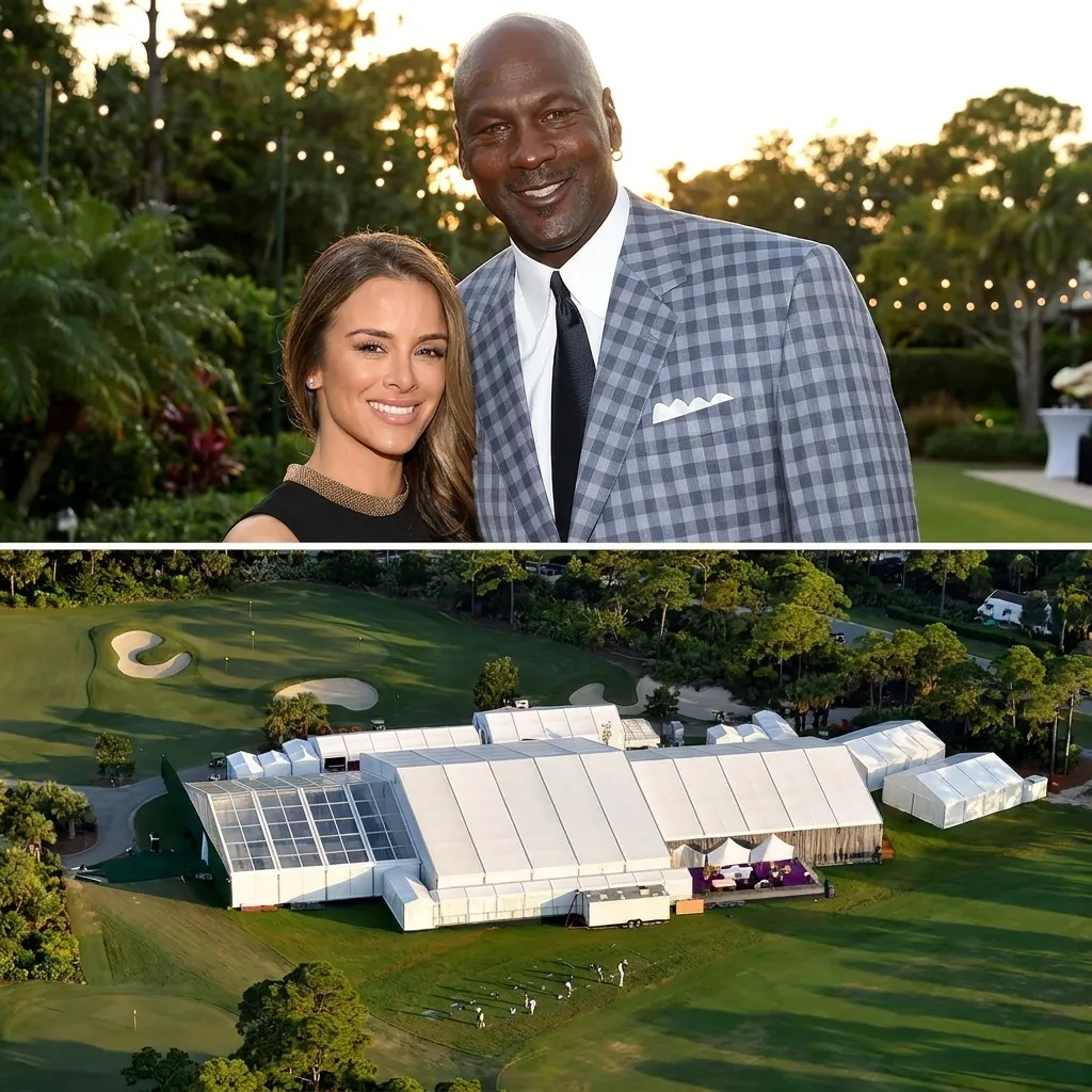 Split view of Michael Jordan and Yvette Prieto smiling, above an aerial shot of large white event tents on a golf course.